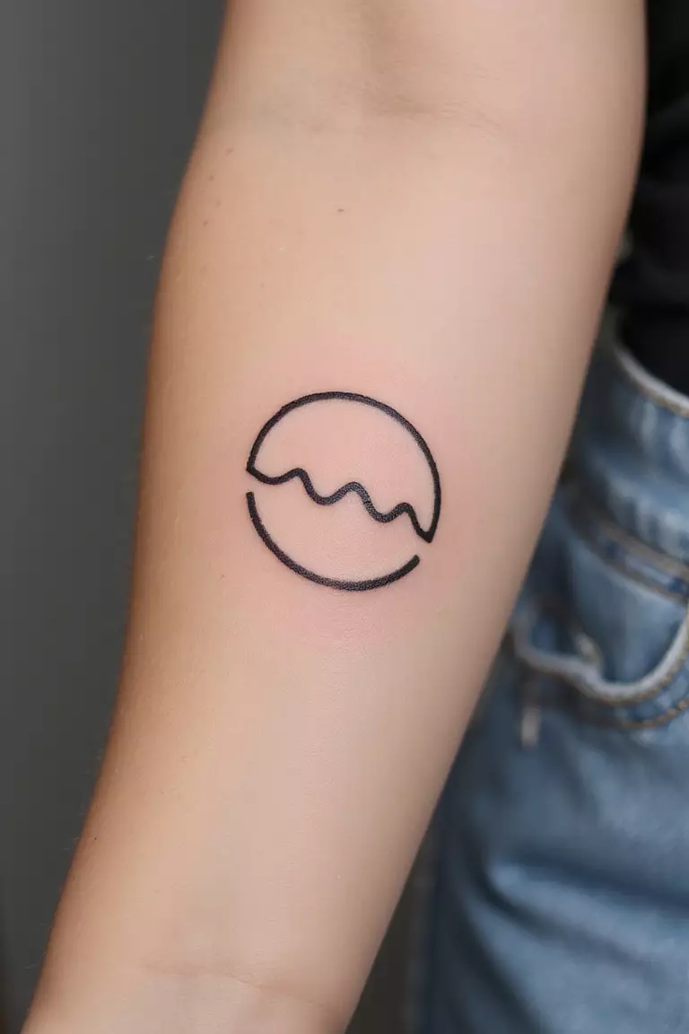 A close-up shot of a woman's arm with a black ink tattoo of a simple, single line wave symbol.