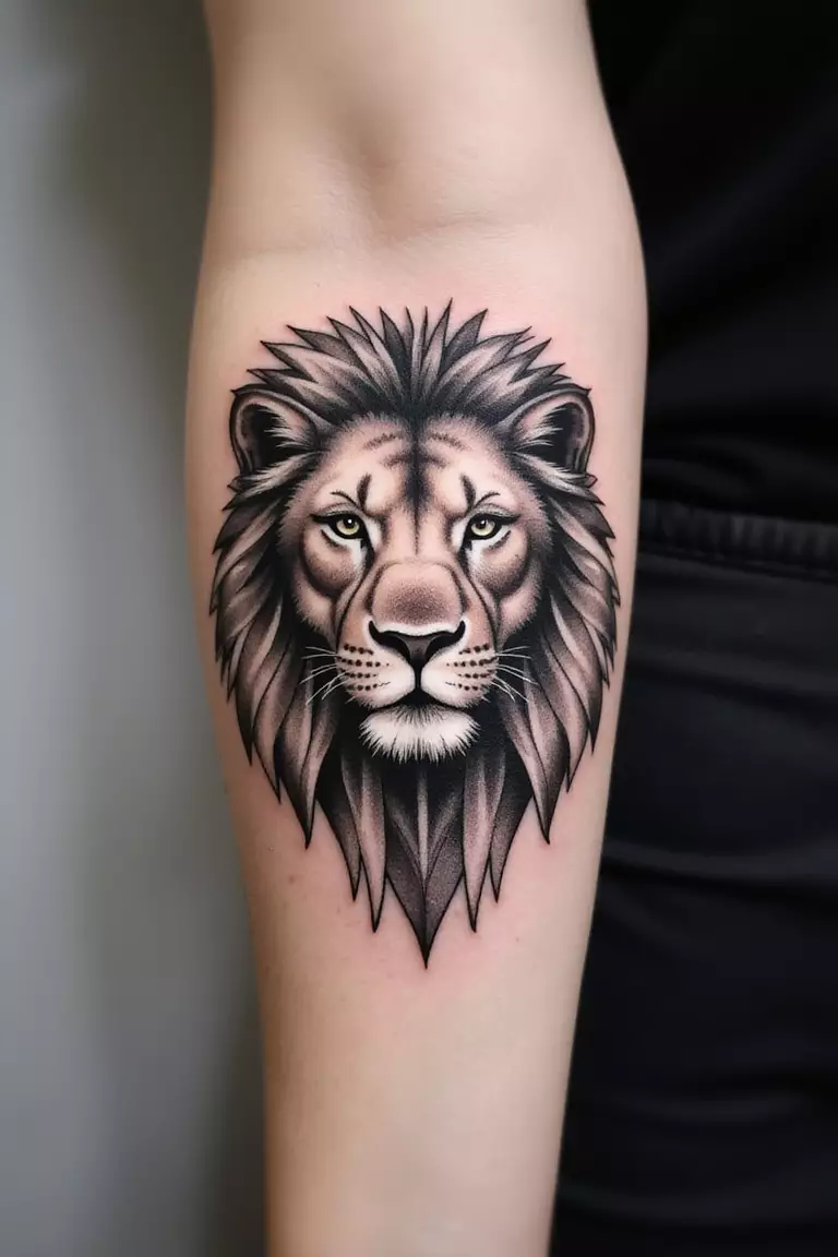 A close-up shot of a woman's arm with a black ink tattoo of a lion's head made from sharp geometric lines and shapes.