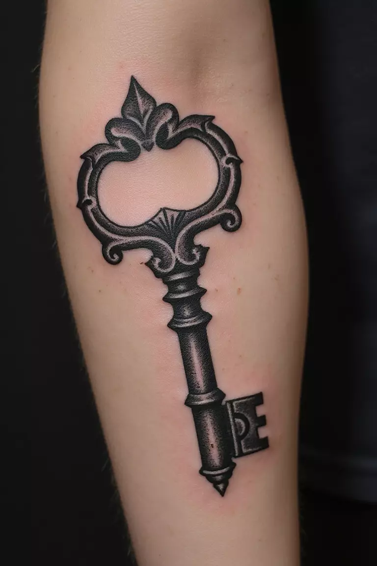 A close-up shot of a woman's arm with a black ink tattoo of an ornate vintage skeleton key.