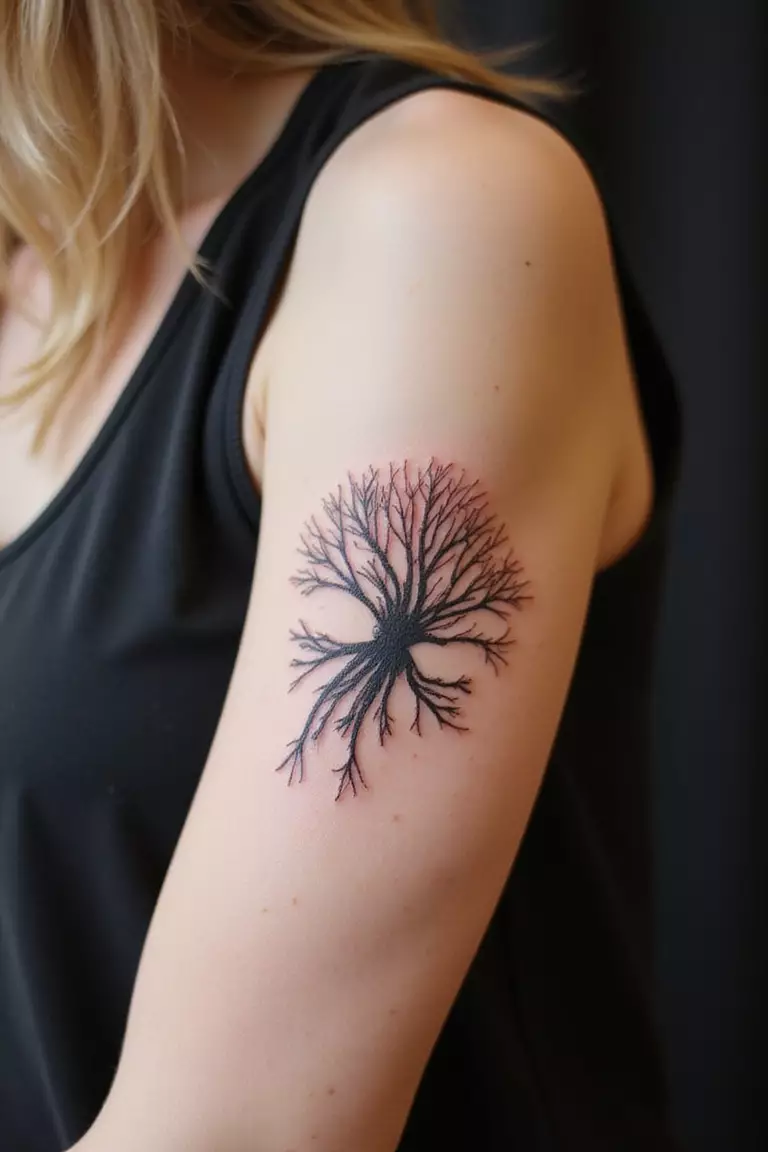 A close-up shot of a woman showing her black ink single elegant coral polyp tattoo design on her arm