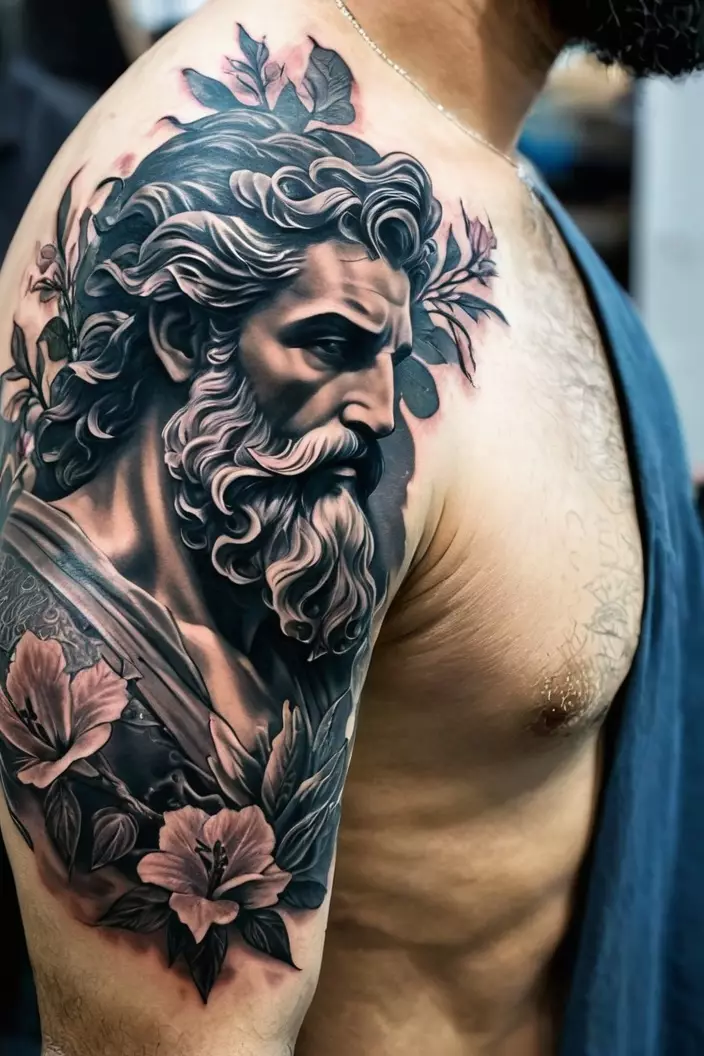 A photo of a man with a Poseidon and blooms shoulder tattoo, blending nature s beauty with the marine deity's presence.  