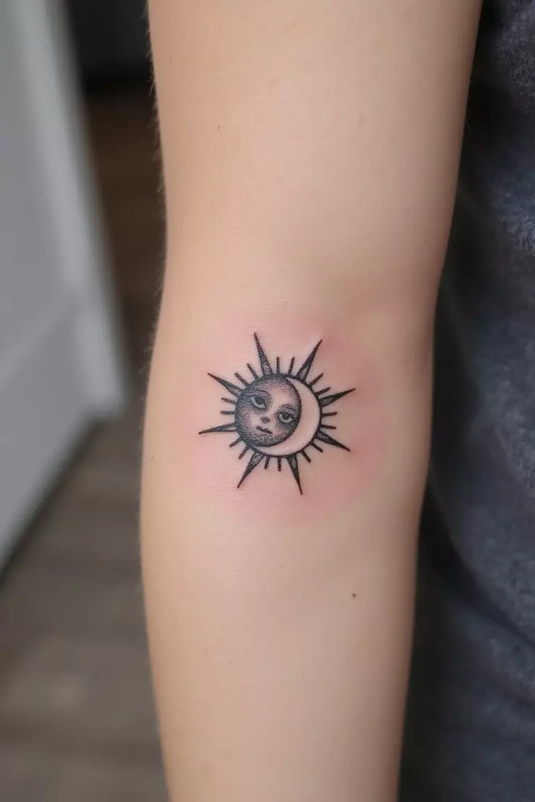 A close-up shot of a woman's arm with a black ink tattoo of a small, combined sun and crescent moon, detailed yet delicate.