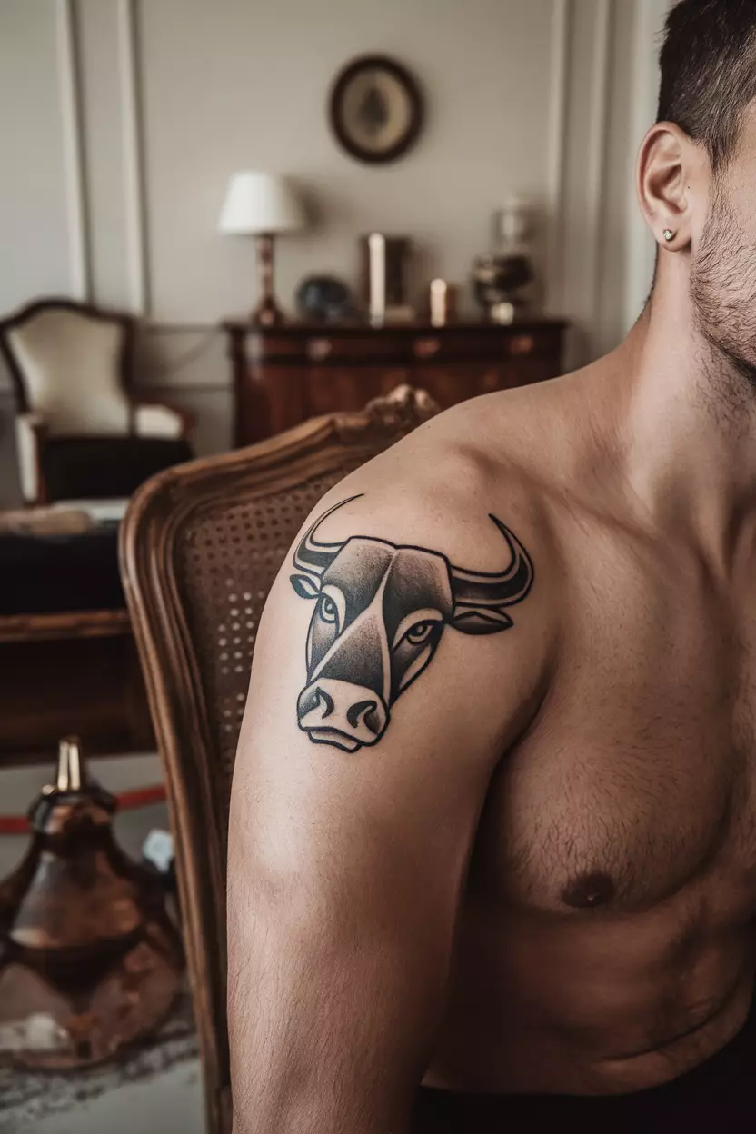 A close-up photo of a man showing his classic bull symbol tattoo on his shoulder, rendered in bold black ink while seated in an elegantly decorated living room that enhances its timeless appeal.