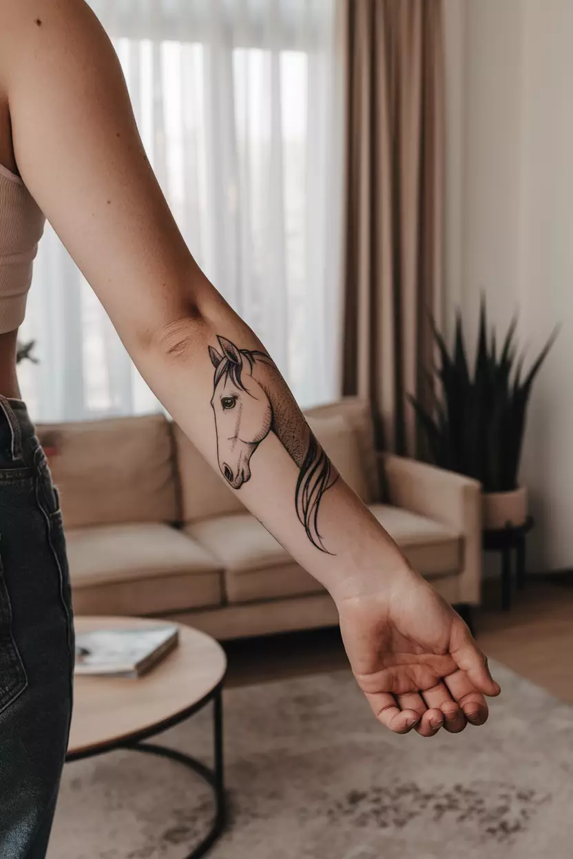 A photo of a woman with an abstract handpoked horse shadow tattoo on her outer forearm, living room background.