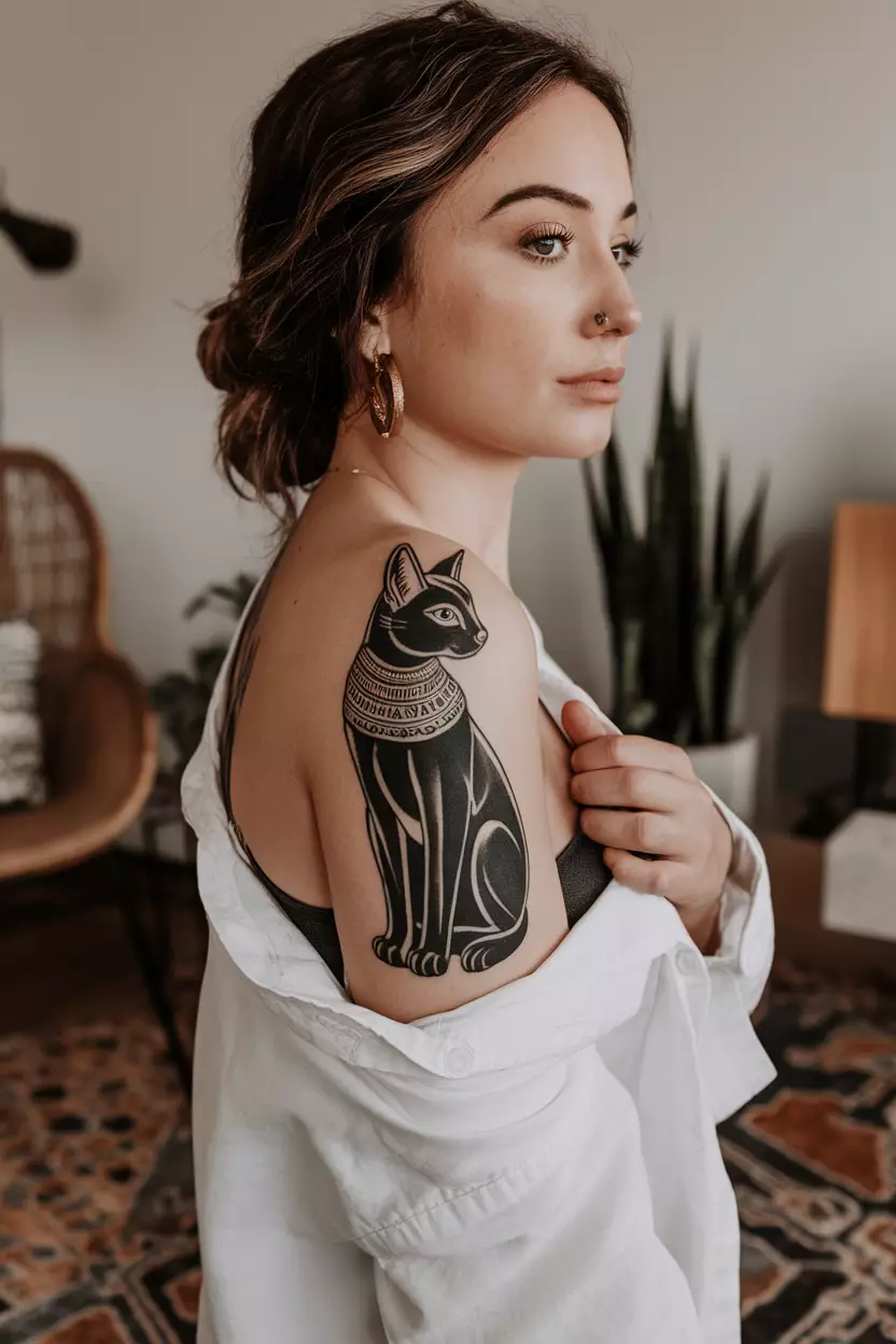 Beautiful Blackwork Bastet Tattoo A photo of a woman with a beautiful blackwork Bastet tattoo, living room background