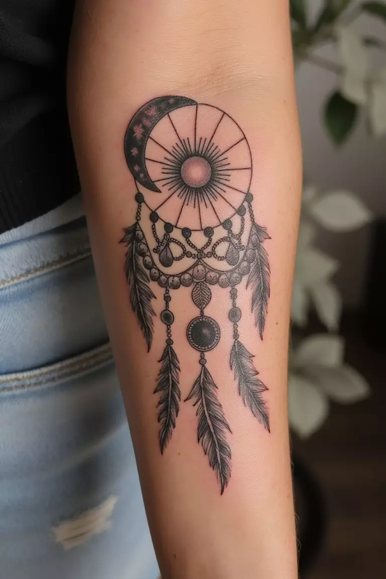 A close up shot of woman's arm with a black ink sun and moon dreamcatcher tattoo.  