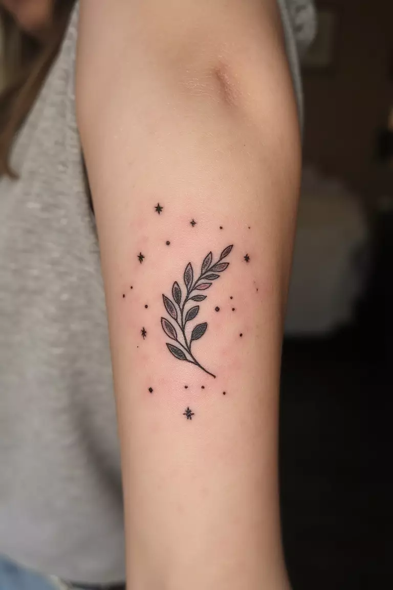 A close up shot of woman's arm with a black ink olive branch surrounded by tiny stars tattoo  