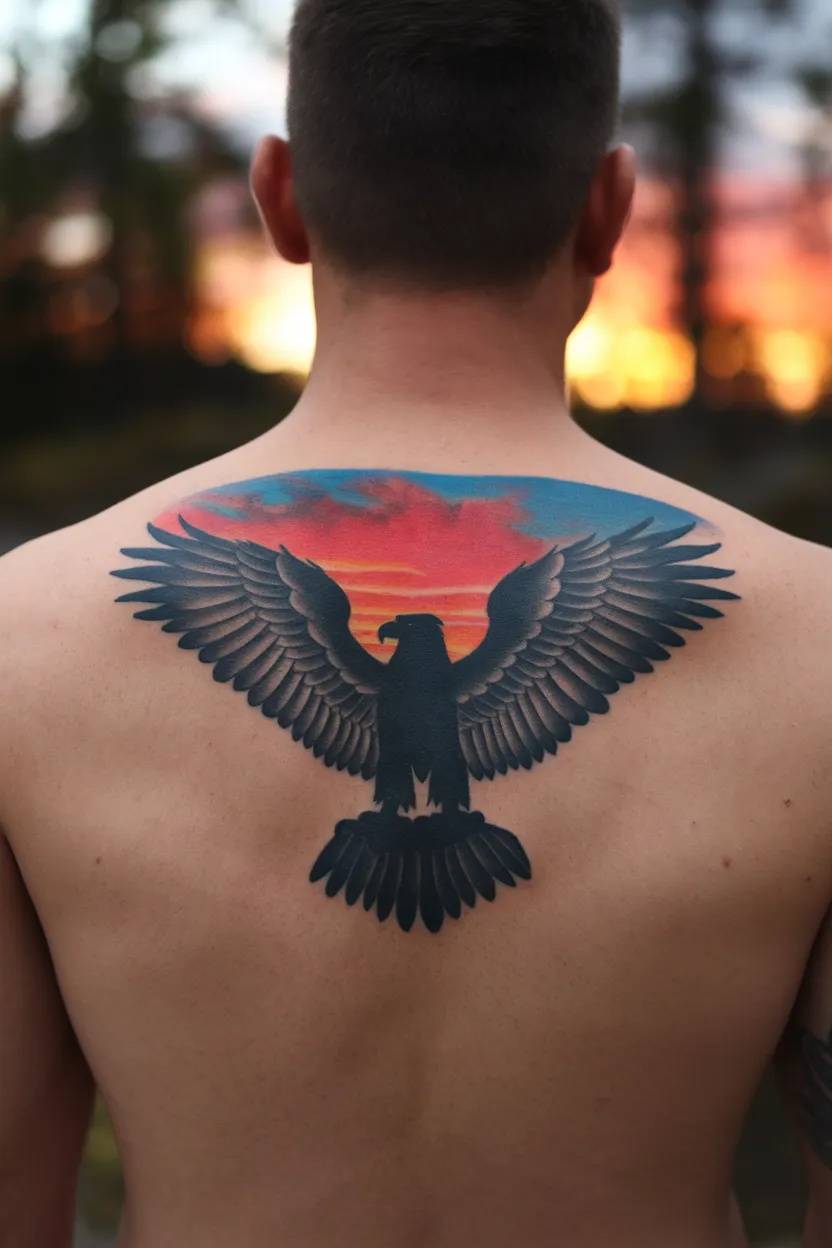 Eagle in Flight Against a Sunset