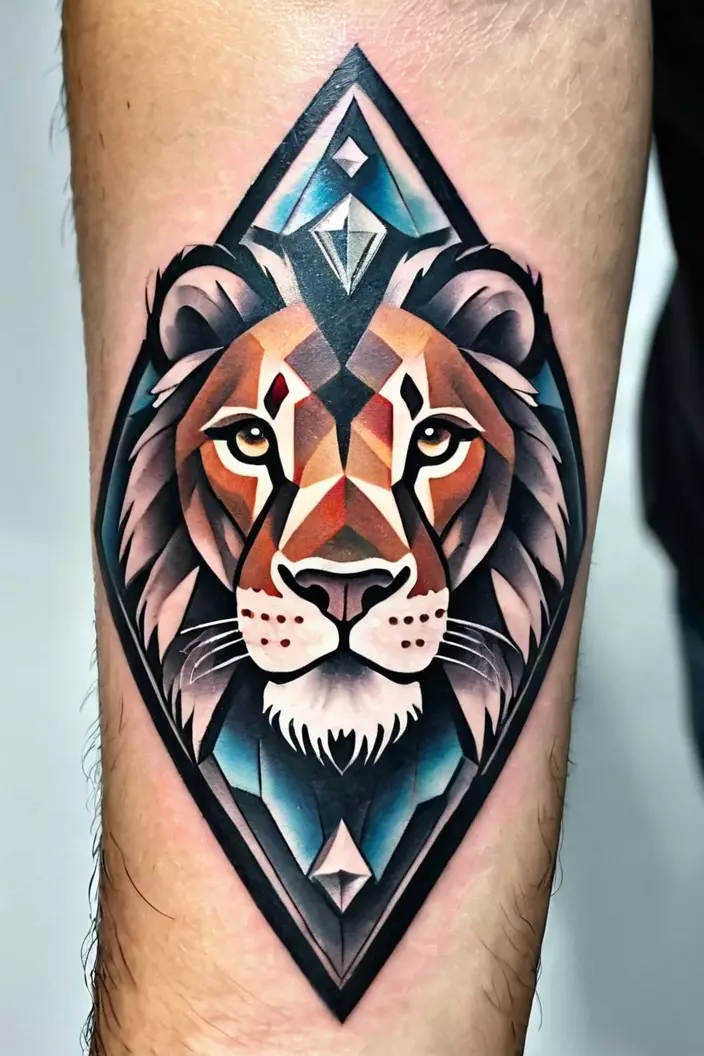 A close-up photo of a man showing his diamond lion piece tattoo, showcasing a fierce lion designed using sharp angles and diamond shapes.  