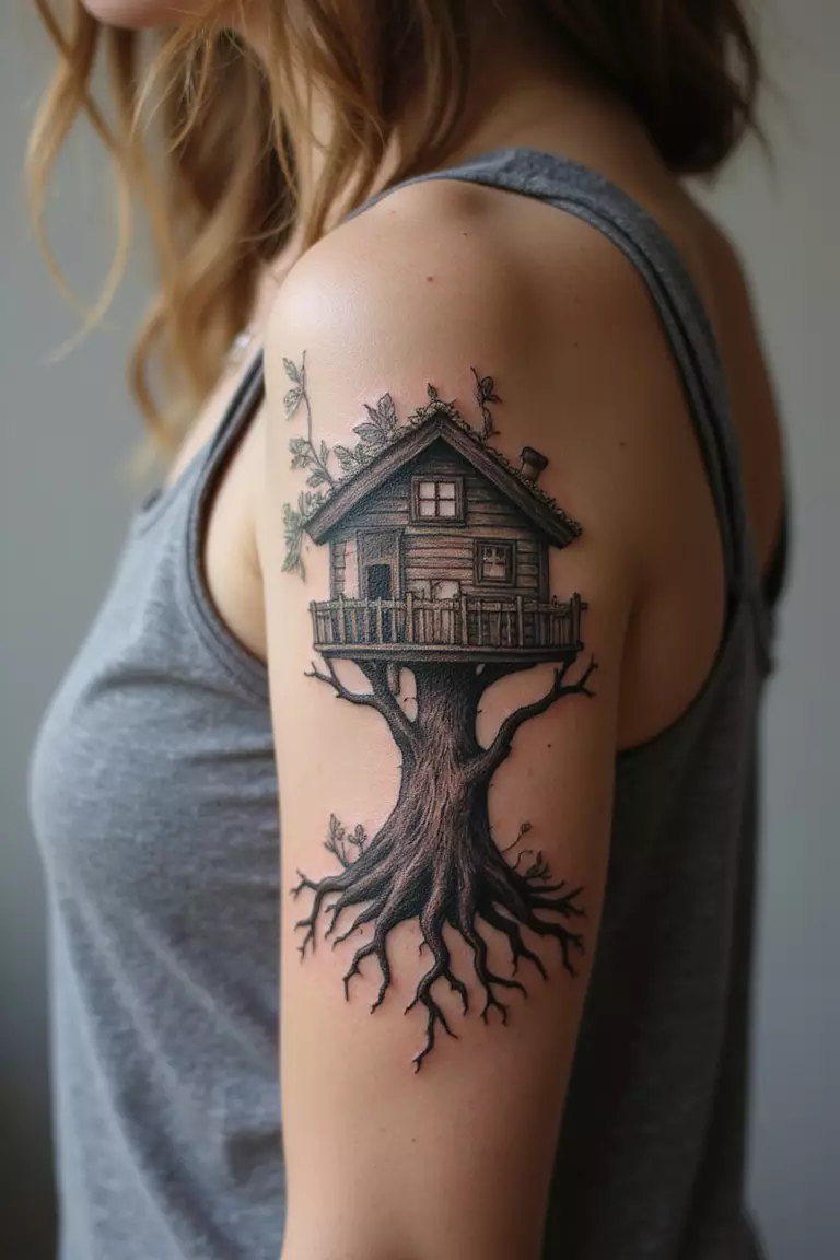 A close-up shot of a woman showing her black ink whimsical treehouse tattoo on her arm.