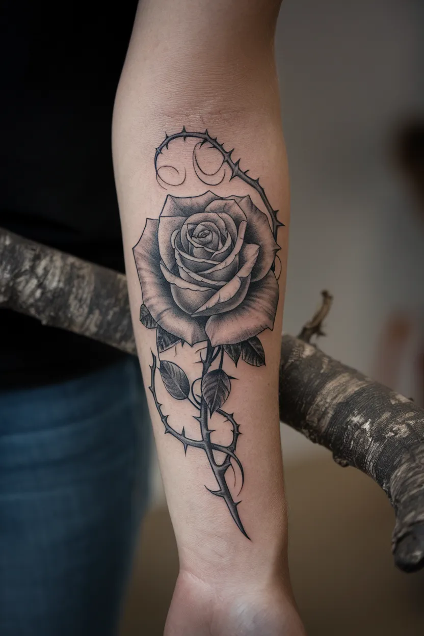 Black and Gray Tattoo of Rose on Forearm