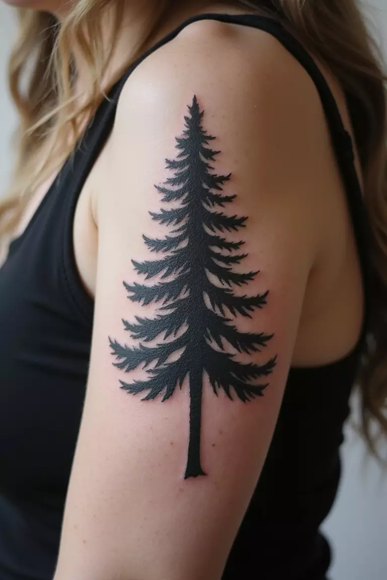Pine Tree Forest A close-up shot of a woman showing her black ink pine tree forest tattoo on her arm.