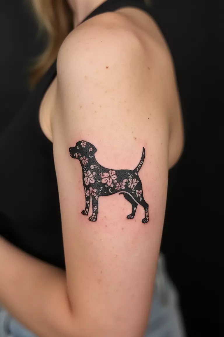 A close up shot of a woman showing her black ink simple dog silhouette filled with floral patterns tattoo on her arm  
