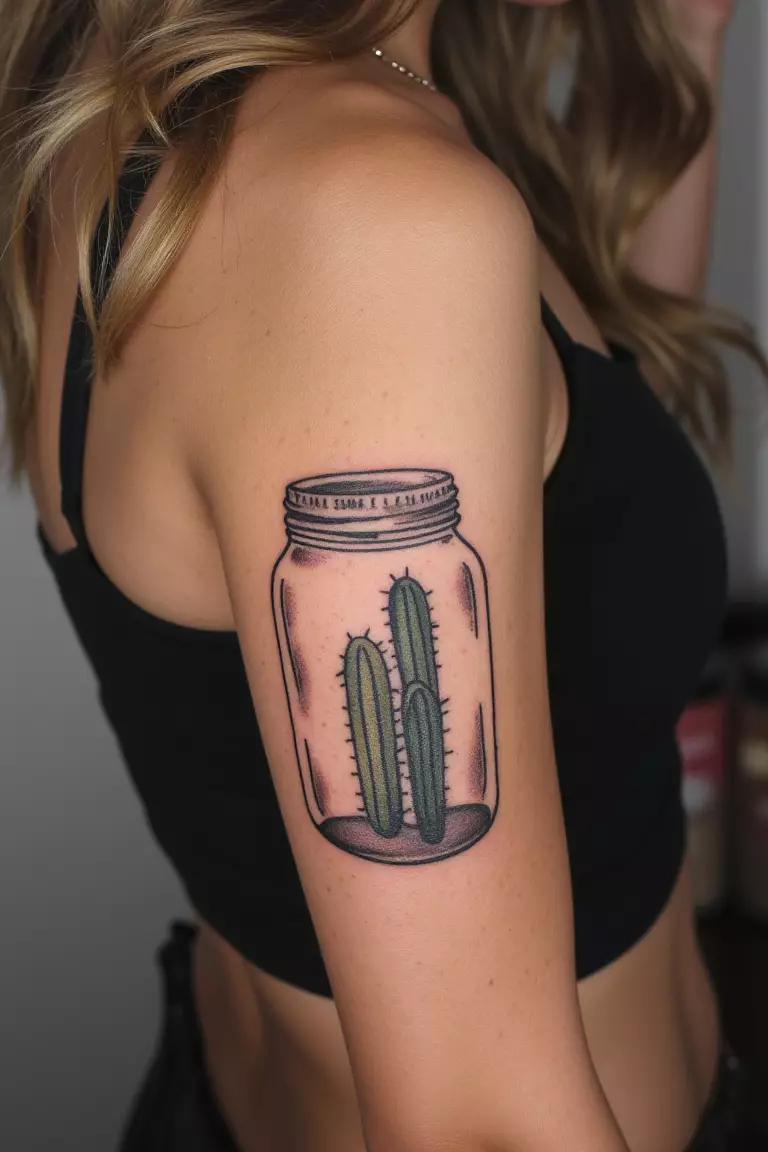 A close up shot of a woman showing her black ink cactus inside a mason jar tattoo on her arm  