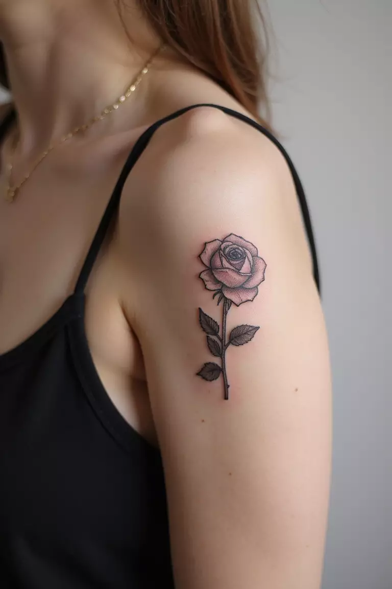 A close-up shot of a woman showing her black ink fine line tiny rose tattoo design on her bicep