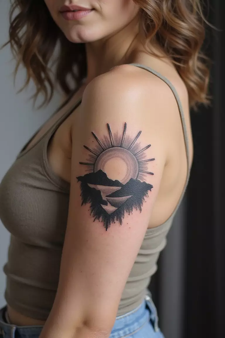 Sun Rising Over Hills A close-up shot of a woman showing her black ink sun rising over hills tattoo on her arm.