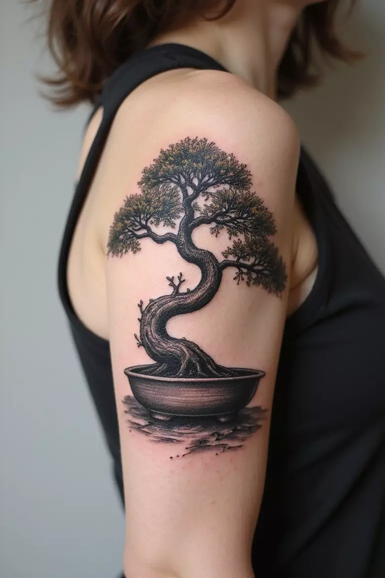 A close-up shot of a woman showing her black ink bonsai tree created entirely using dotwork shading technique tattoo design on her arm