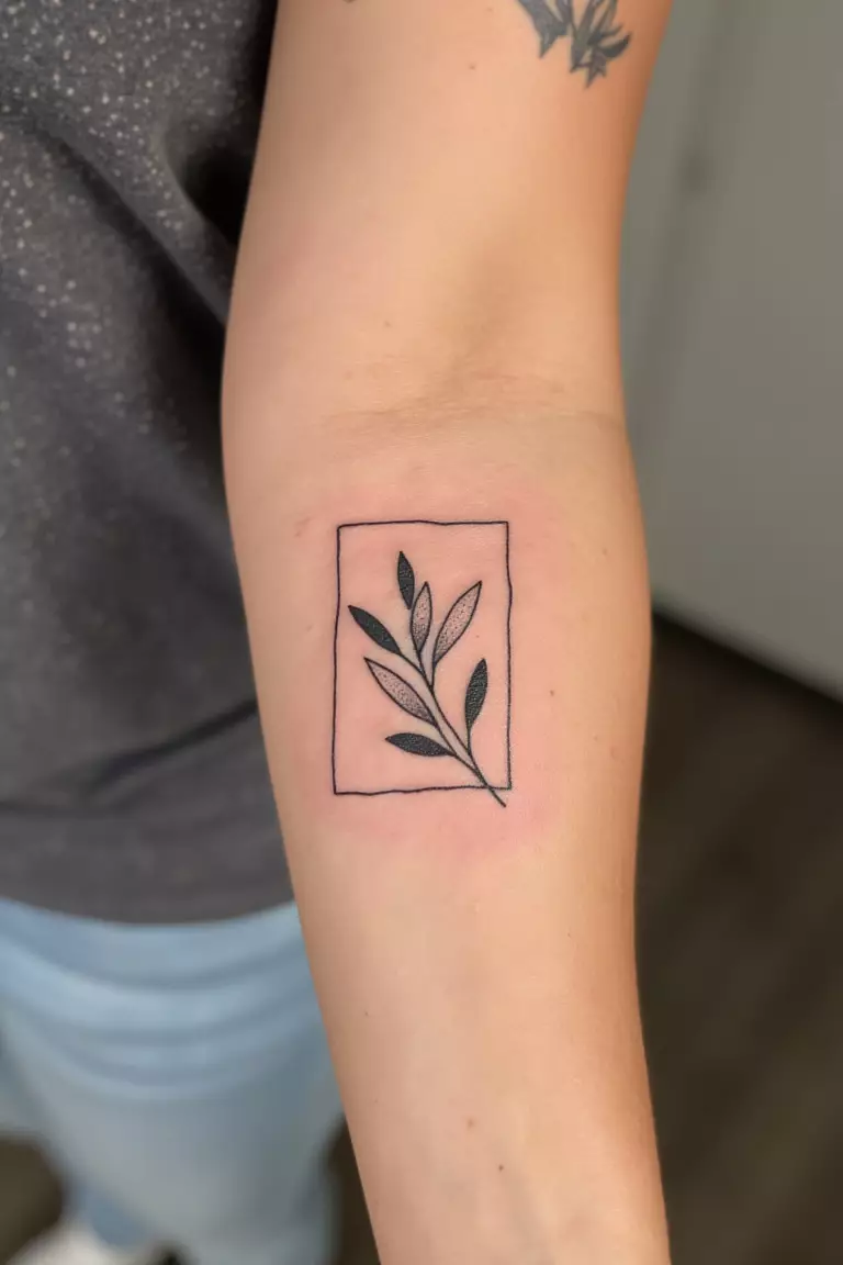 A close up shot of woman's arm with a black ink olive branch within a minimalist frame tattoo  