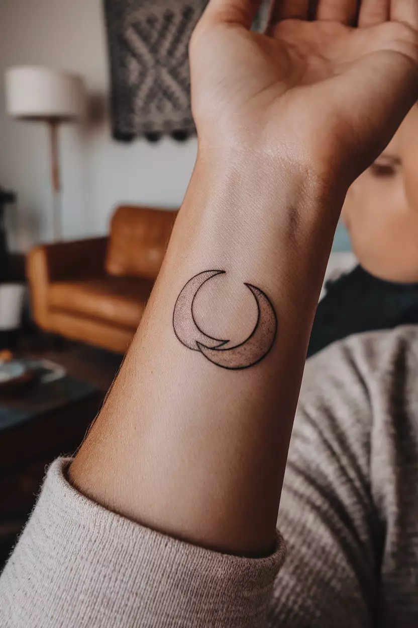 A close-up photo of a woman showing her wrist with a tattoo of two crescent moons interlocking to form a circular design, tattoo design, living room background