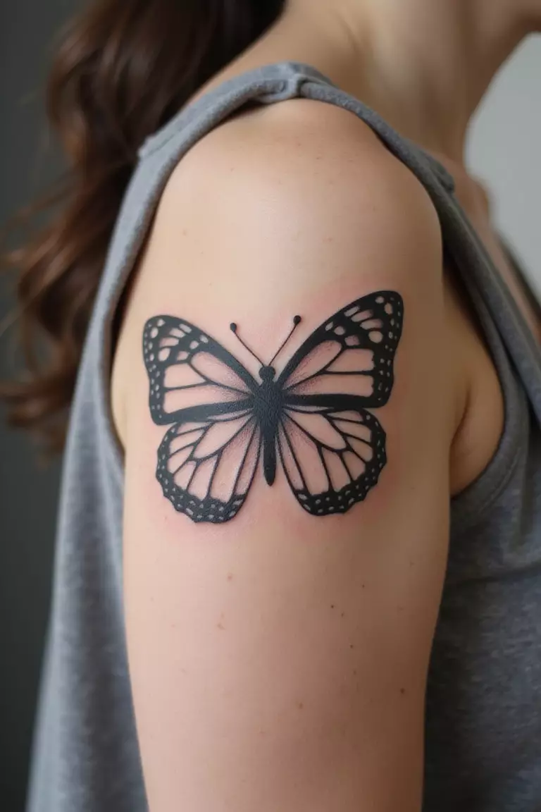 Butterfly A close-up shot of a woman's arm with a black ink tattoo of a delicate butterfly with intricate wing patterns.