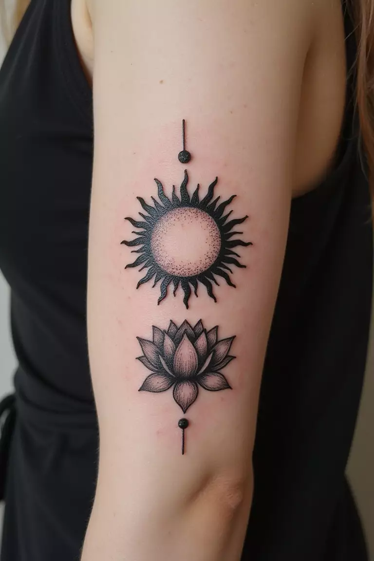 A close-up shot of a woman showing her black ink sun design combined with a blooming lotus flower below it tattoo design on her arm