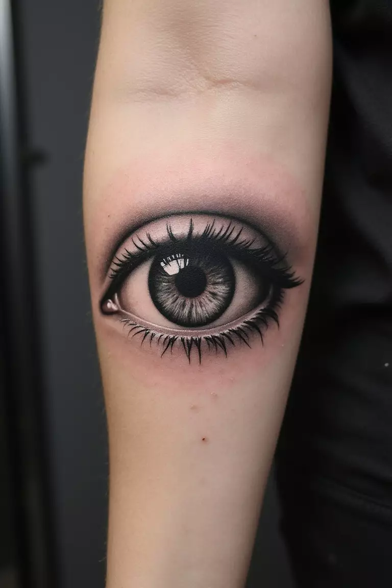 A close up shot of woman's arm with a black ink tattoo of an eyeball.