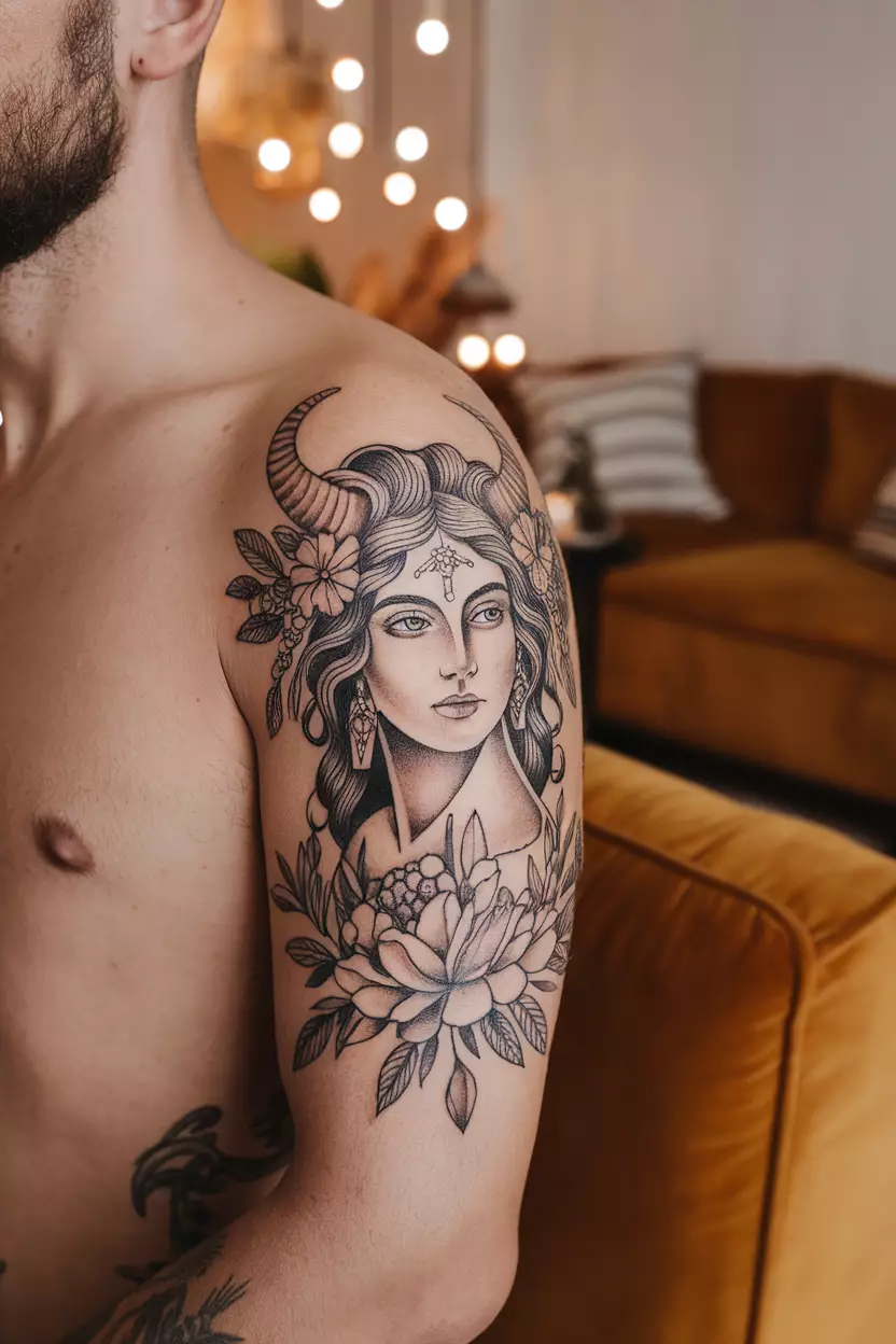 A close-up photo of a man showing his Taurus goddess tattoo on his upper arm, featuring a beautifully detailed female figure adorned with horns and floral elements, set against a cozy living room background with soft lighting and plush furniture, creating a warm atmosphere that complements the design.