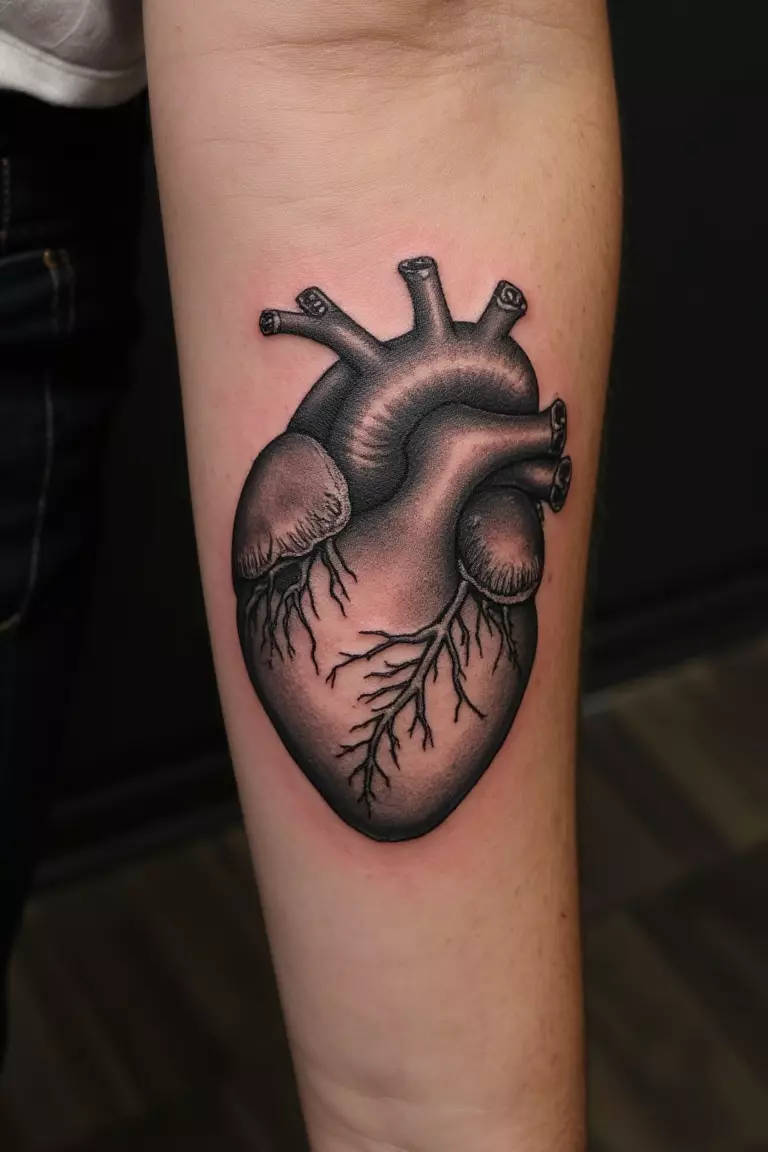 A close up shot of woman's arm with a black ink anatomical heart tattoo, detailed and realistic
