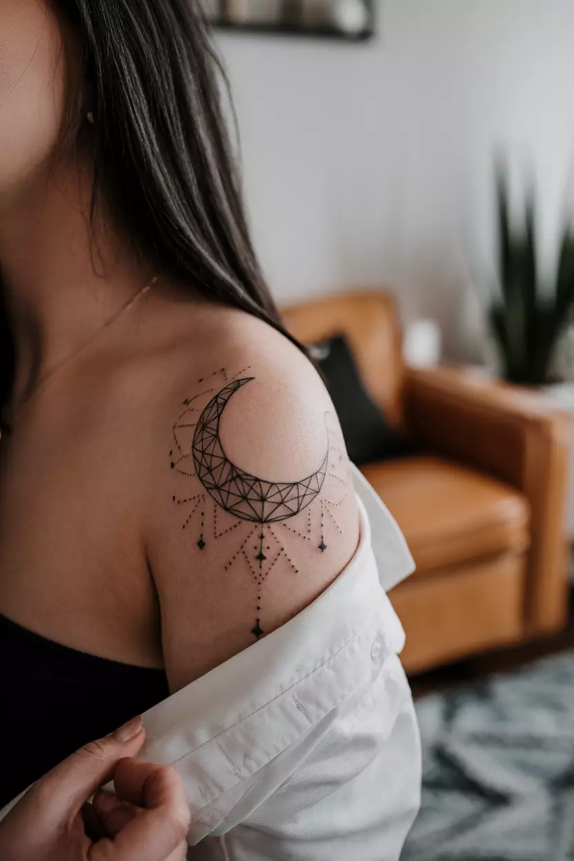 A close-up photo of a woman showing her geometric moon tattoo made up of triangles and lines, tattoo design, living room background