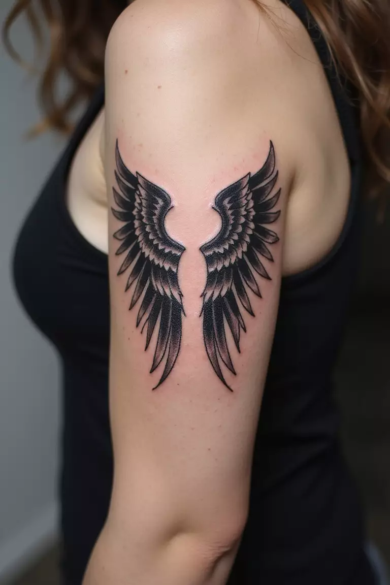 Tribal Angel Wings A close-up shot of a woman's arm with a black ink tattoo of tribal angel wings.
