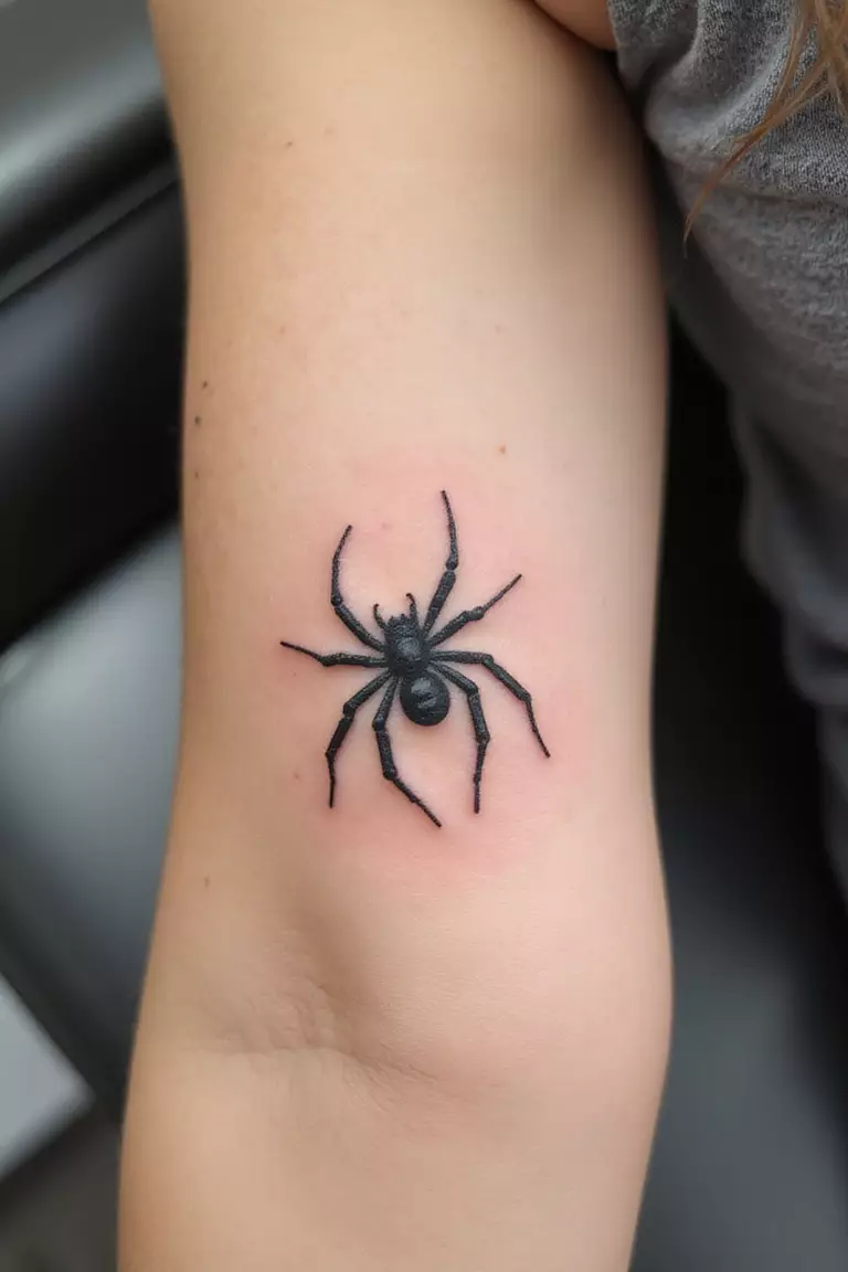 A close-up shot of a woman's arm with a black ink tattoo of a small, minimalist spider using only thin, clean lines.