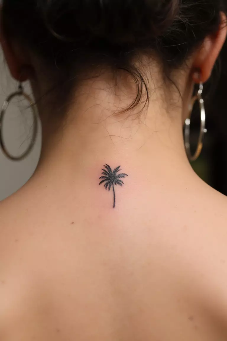 A close up shot of woman's neck from the back with a black ink tiny palm leaf tattoo  
