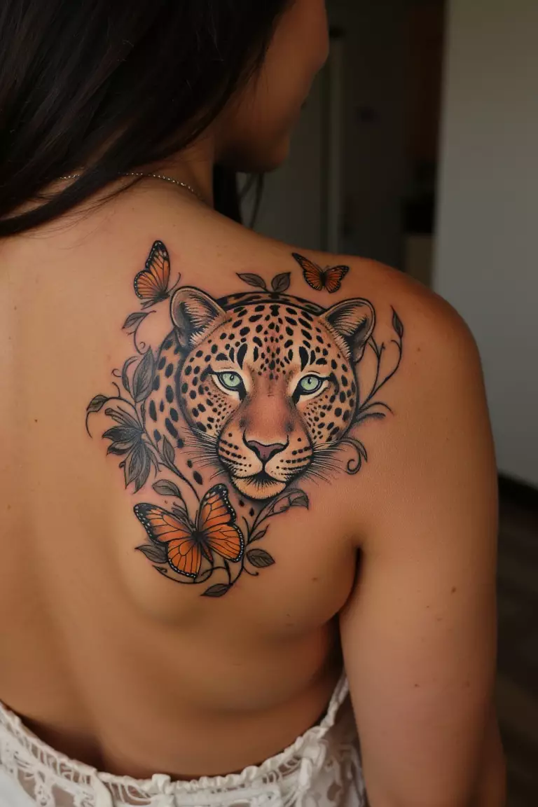 A photo of a woman showing her feminine leopard tattoo surrounded by butterflies and vines on her shoulder