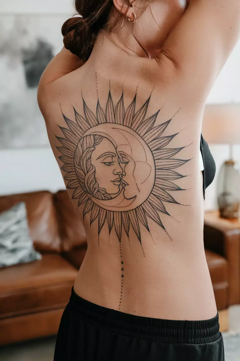 A close-up photo of a woman showing her lower back with a large linework tattoo of the sun and moon in an embrace, with fine details and white highlights, tattoo design, living room background
