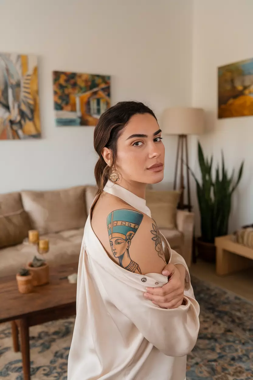 Nefertiti on Ribs Tattoo A photo of a woman with a Nefertiti tattoo, living room background