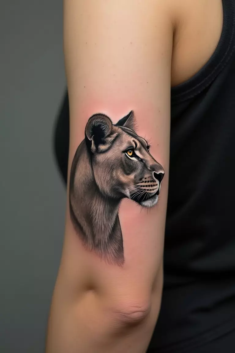 A close-up shot of a woman's arm with a black ink tattoo of a detailed side profile of a lioness, looking alert and graceful.