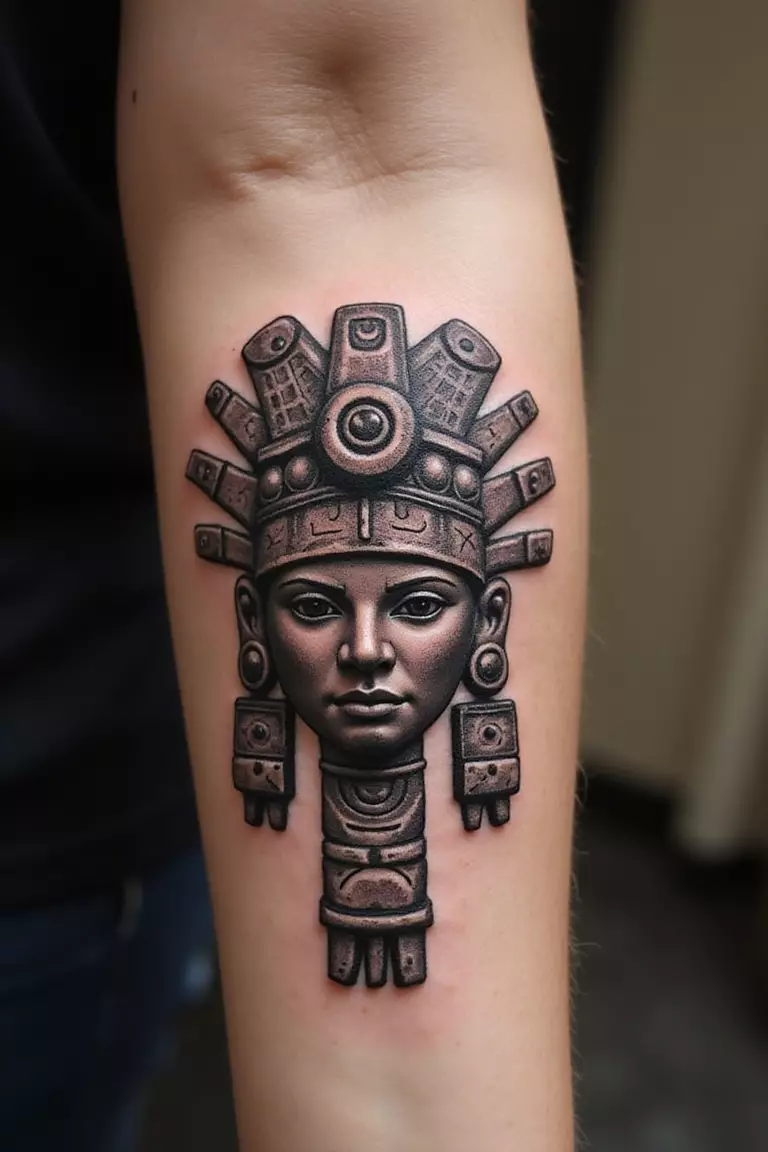 A close-up shot of a woman's arm with a black ink tattoo of a stylized Olmec colossal head.