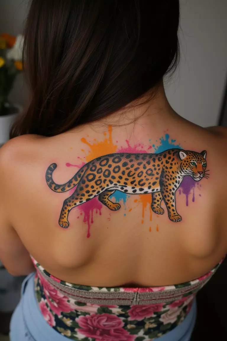 A photo of a woman showing her abstract leopard tattoo with splashes of vibrant colors on her shoulder