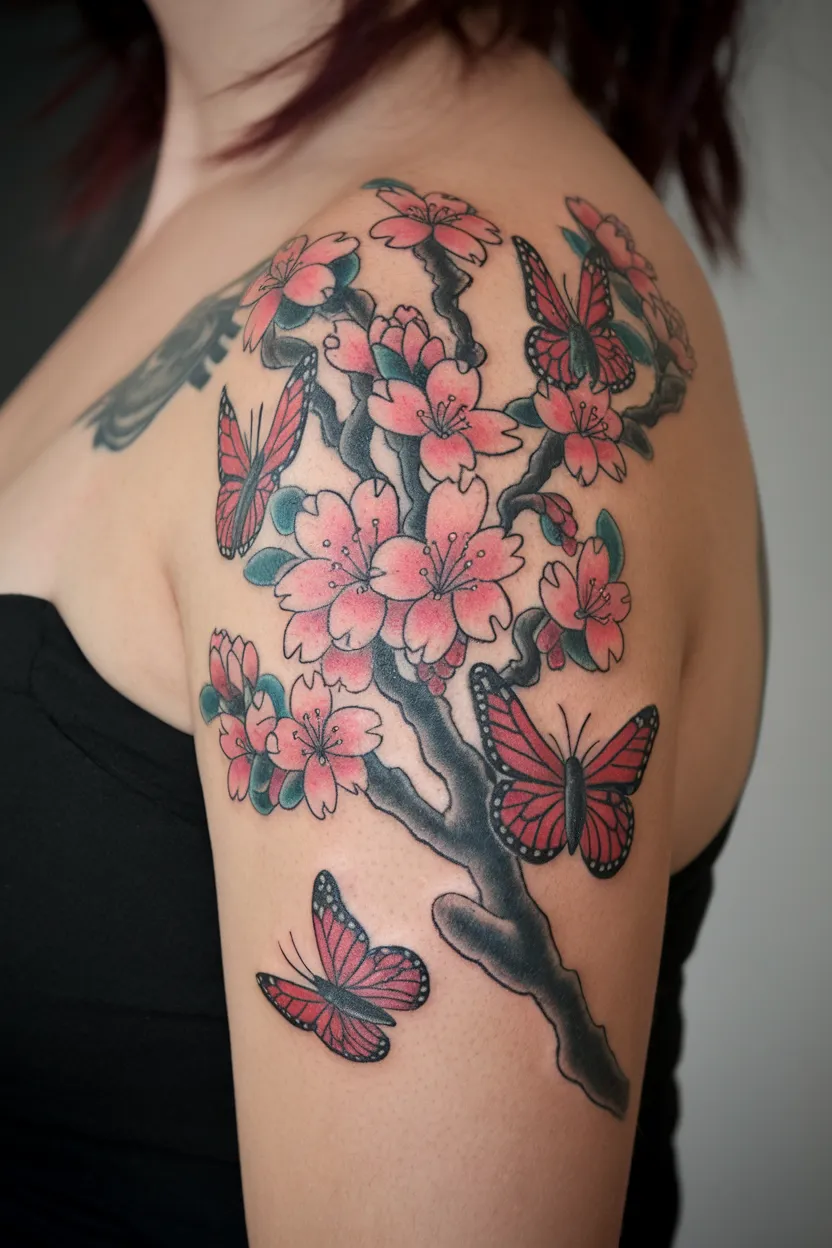 Cherry Blossom and Red Butterfly Combination
