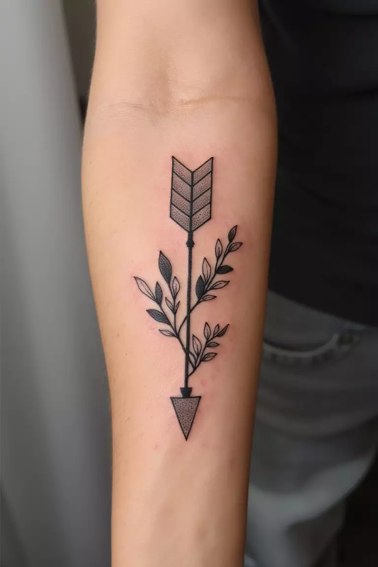 A close up shot of woman's arm with a black ink arrow with leaves tattoo, natural elements intertwined with arrow design
