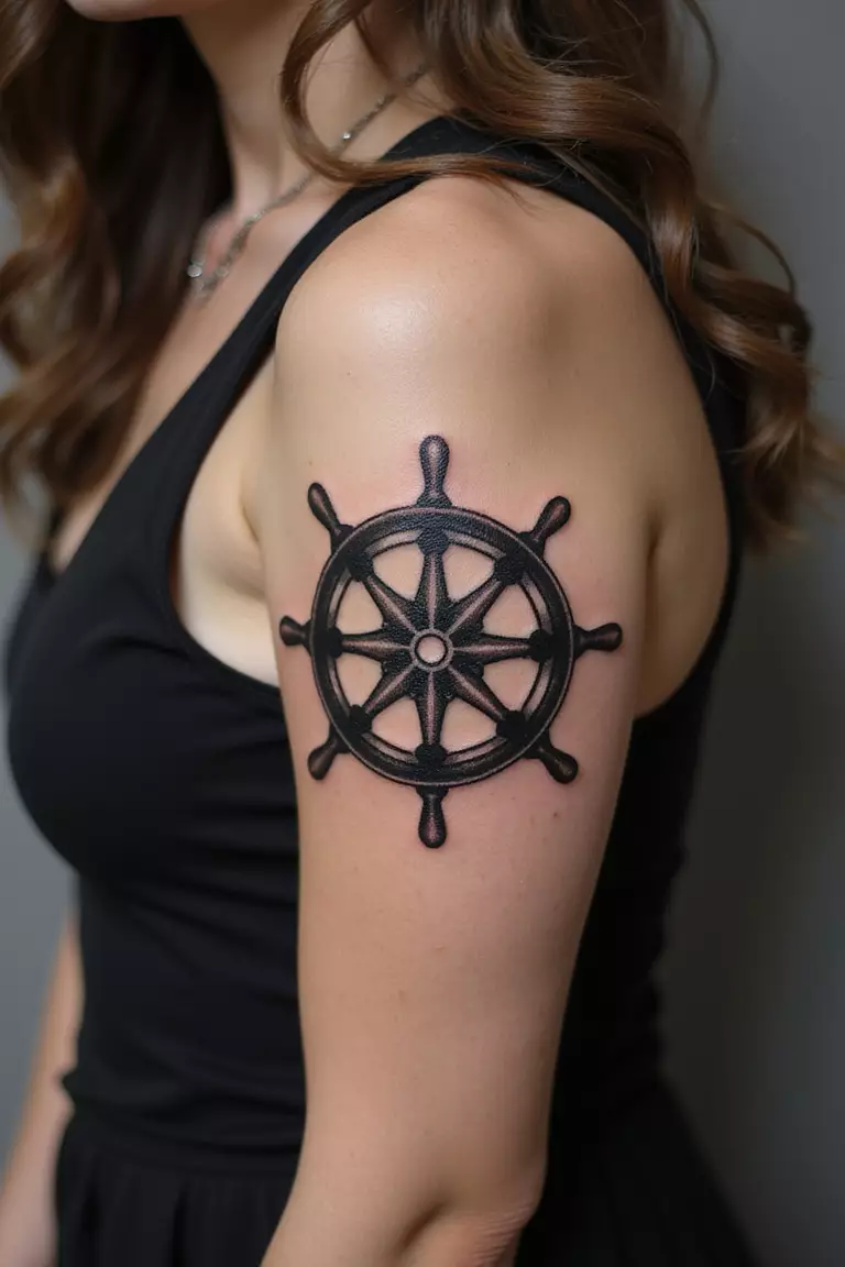 A close-up shot of a woman showing her black ink ship wheel tattoo design on her arm