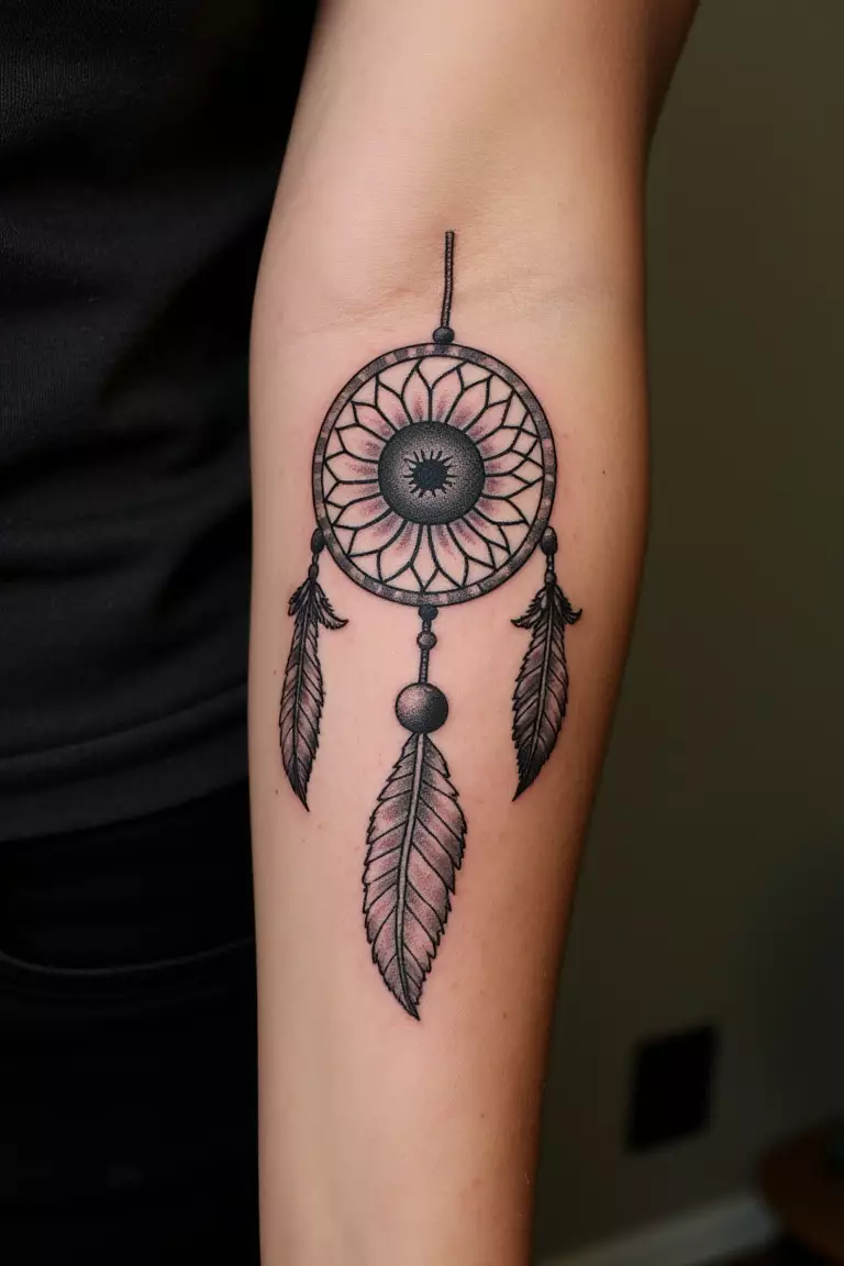 A close up shot of woman's arm with a black ink sunflower dreamcatcher tattoo.  