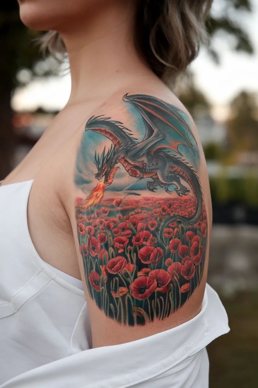 Poppy Field With Flying Dragon