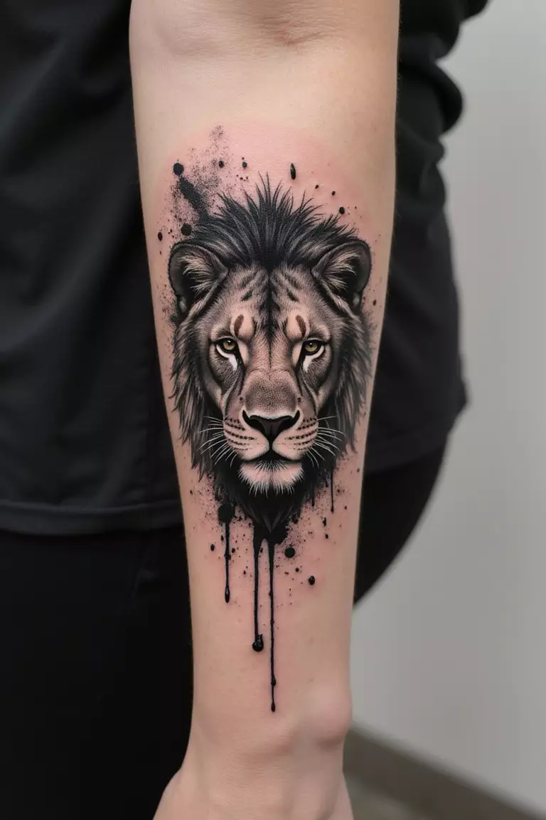 A close-up shot of a woman's arm with a black ink tattoo of a lion's face breaking into abstract splashes and geometric elements.
