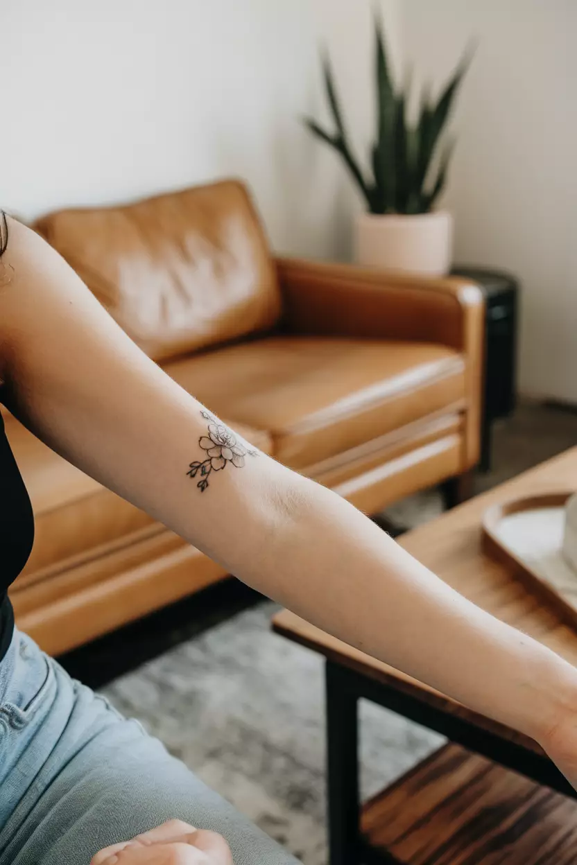 Tiny Succulent A close-up photo of a woman showing her tiny succulent tattoo with small leaves, tattoo design, living room background