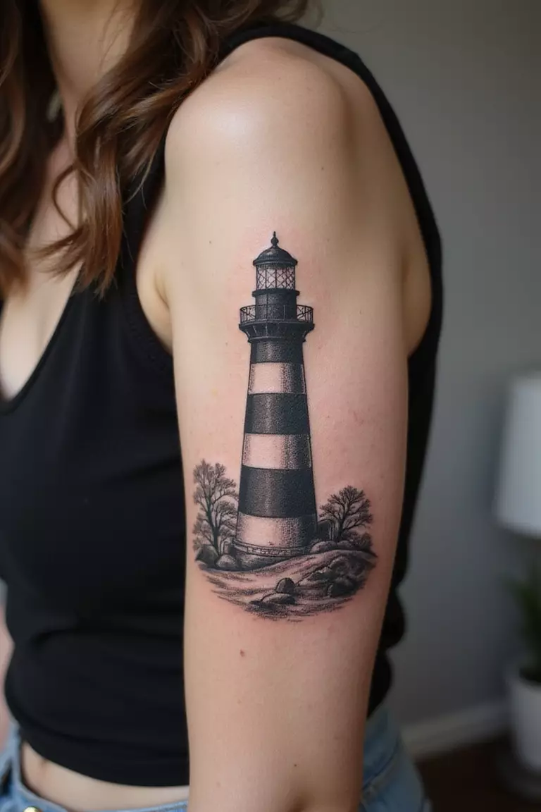A close-up shot of a woman showing her black ink guiding lighthouse tattoo on her arm.