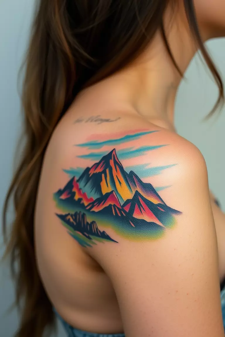 A photo of a woman with a mountain tattoo on her shoulder, depicting a scenic landscape with vivid colors.  