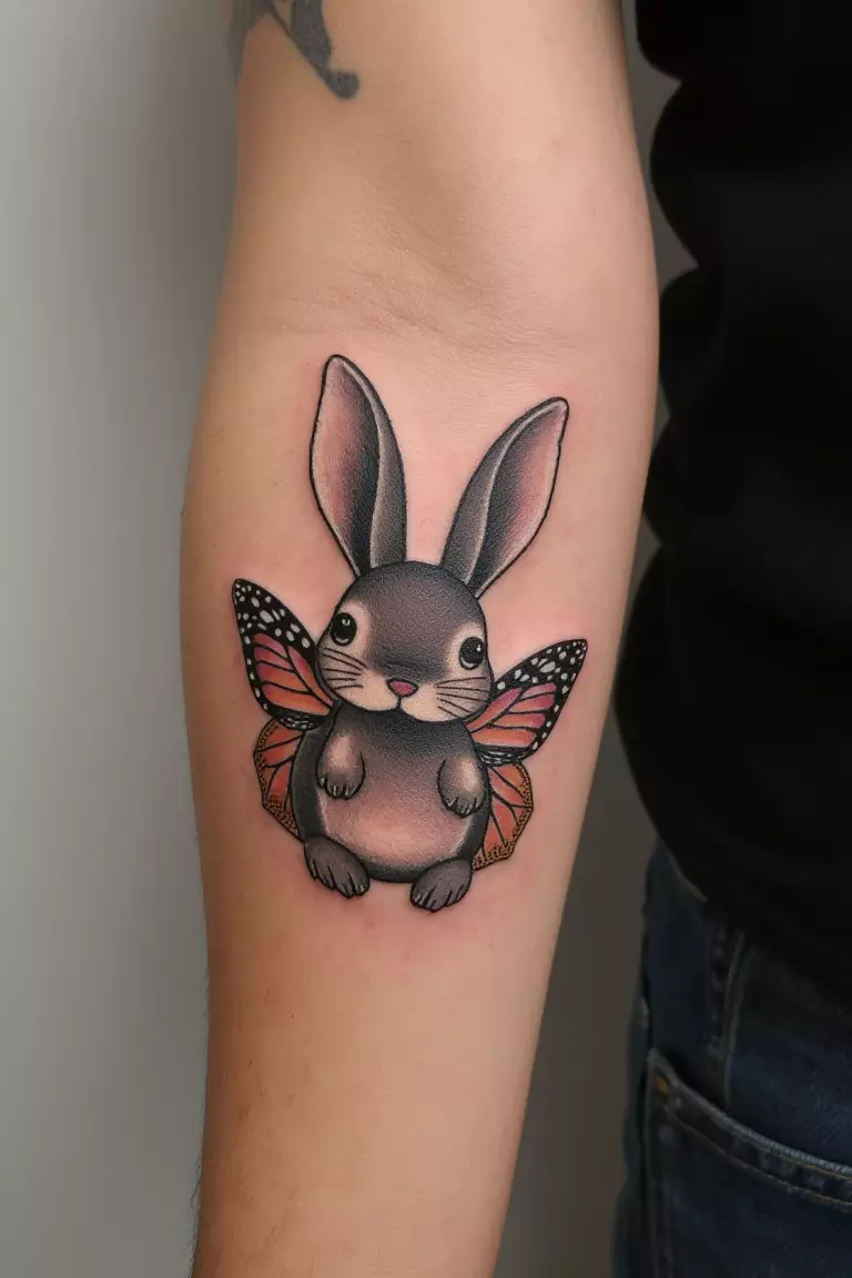 A close up shot of woman's arm with a black ink bunny with butterfly wings tattoo  