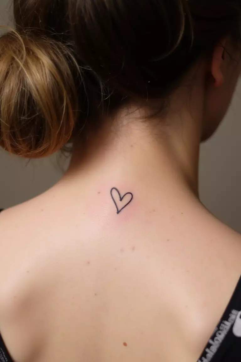 A close up shot of woman's neck from the back with a black ink tiny heart tattoo  
