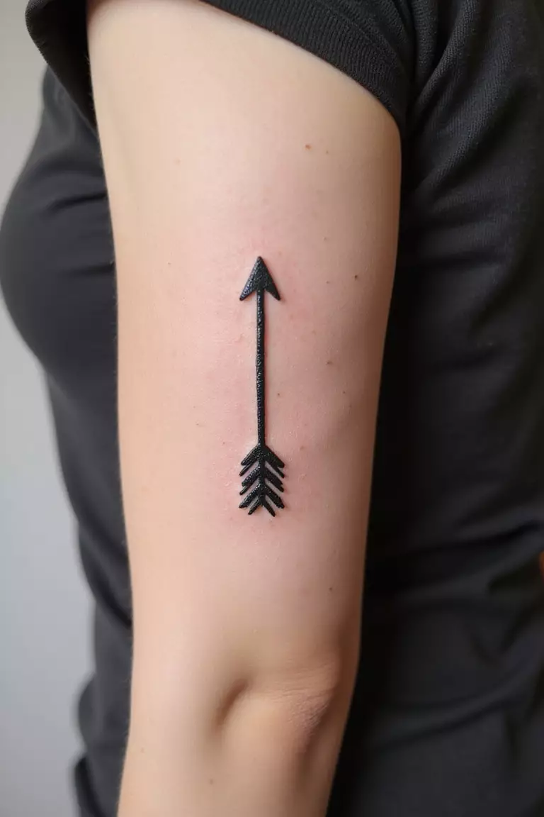 A close up shot of woman's arm with a black ink tattoo of a simple straight arrow.